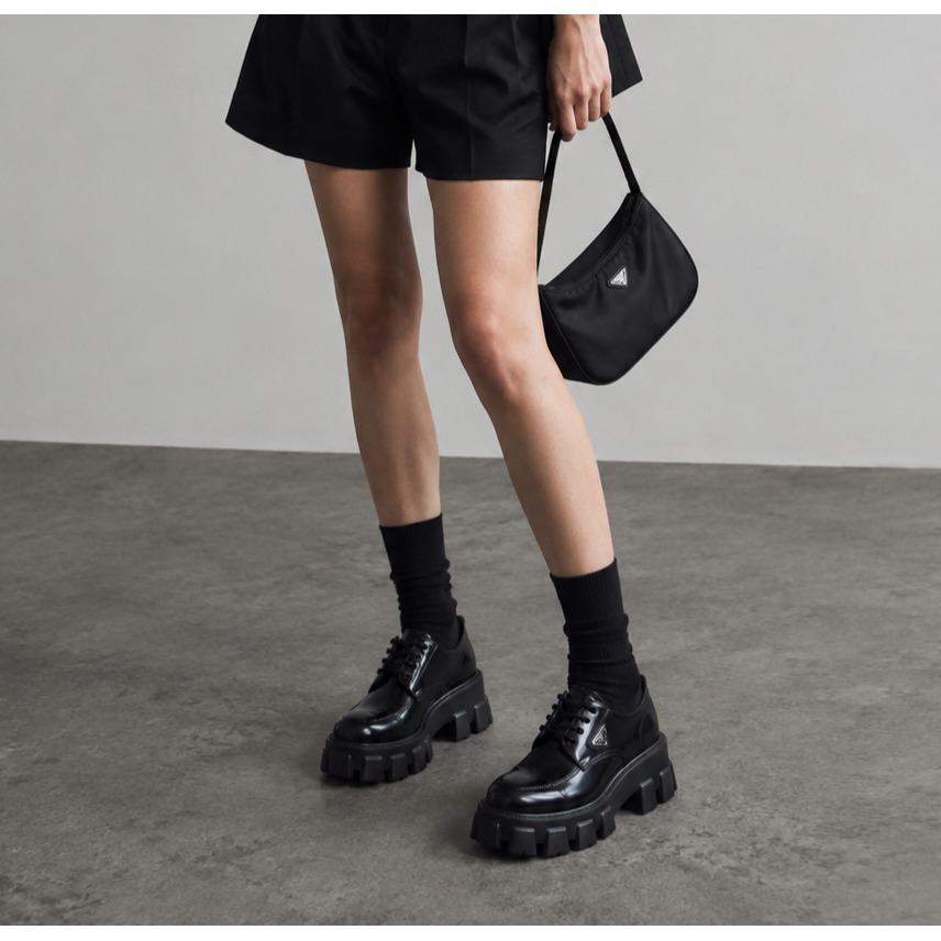 Prada Monolith Brushed Leather Lace-Up Shoes Black Chunky Platform Derby 38